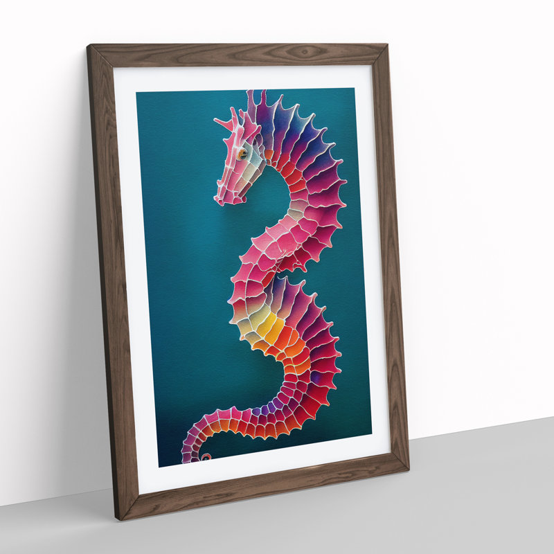 Seahorse In Colour No.2 - Single Picture Frame Painting, 46cm H x 34cm W x 2cm D, Walnut