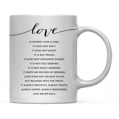 Bible moderne chrétienne noire versets 11 oz. Tasse à café «Gift, Love ... Always Protège, Always Truste, Always Hopes, Always Perseveres». «Love Never Fails». 1 Corinthiens 13: 4-8, paquet de 1, cadeau d'anniversaire d'inspiration religieuse pour