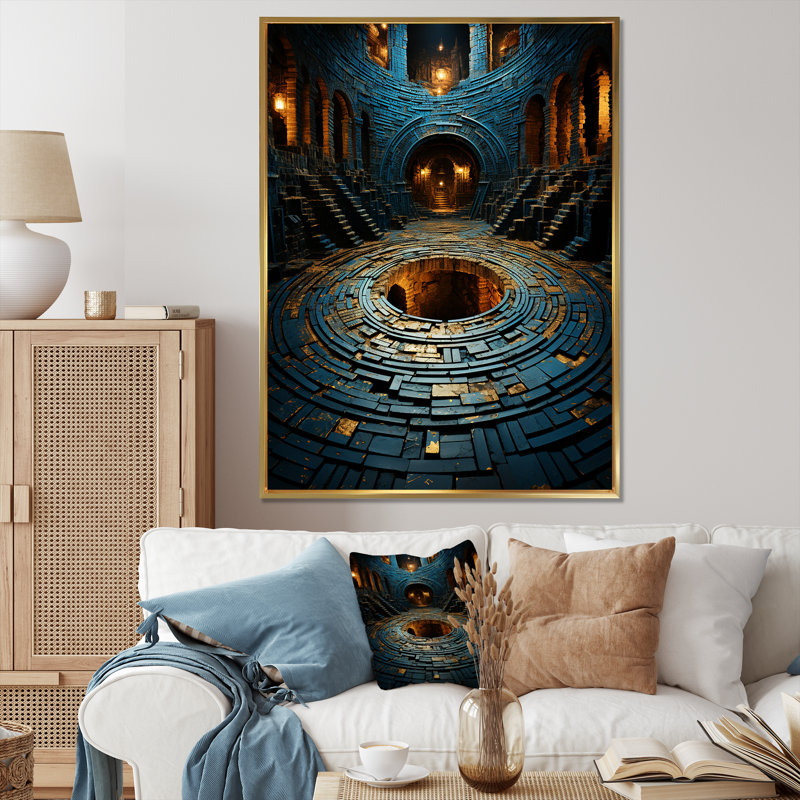 Ancienne pierre Maya Labyrinth II - labyrinthe, art mural, Cadre flottant doré, 44" H x 34" W
