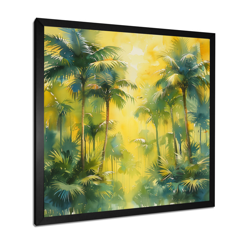Jaune jaune vert palmiers Frond Dance III - palmiers et palmiers, art mural, Cadre simple noir, H 16 po x l 16 po