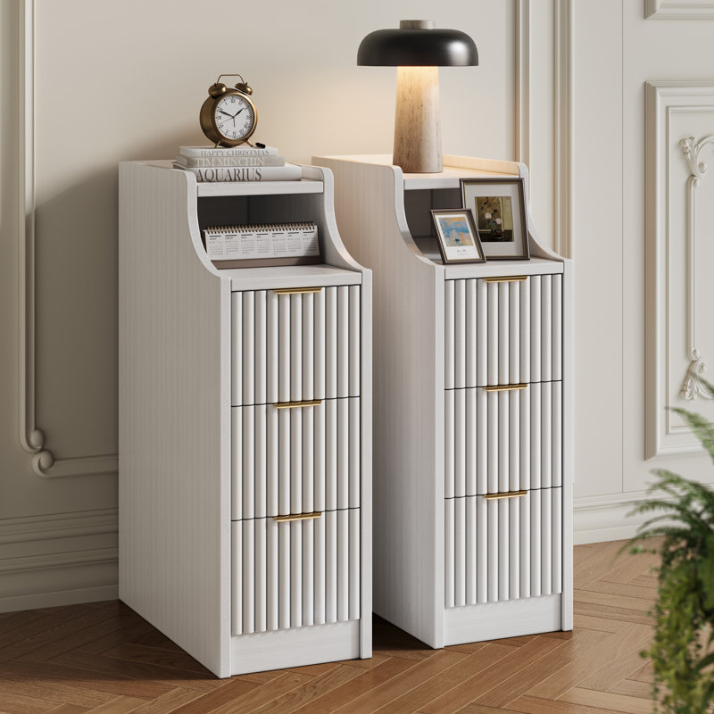 7.8" Fluted Nightstand & Narrow Bedside Table With 3 Drawers Set Of 2, White