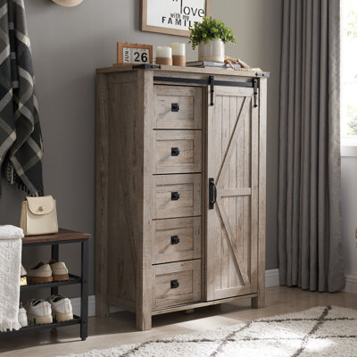 Farmhouse 5 Chest of Drawers, Tall Drawers Dresser with Sliding Barn Door