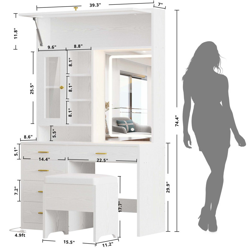 Modern Style 74.4"h Vanity Desk With Led Lighted Mirror And Power Outlet,makeup Vanity Table With Drawers And Open Cubies And Cabinets, White