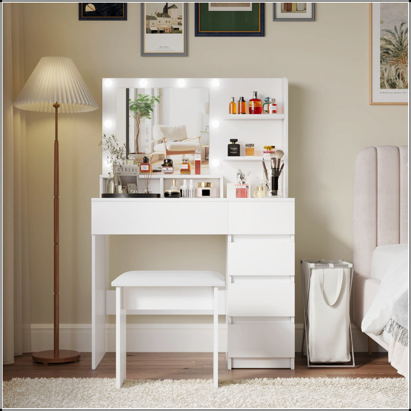 Ensemble de coiffeuse de maquillage avec miroir Hollywood, éclairage réglable et multiprise intégrée pour Ultimate Beauty Station
