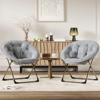 Paquet de 2 chaises soucoupes, chaises pliantes en fausse fourrure moelleuses avec structure en métal, sièges de salon surdimensionnés pour adolescents, gris