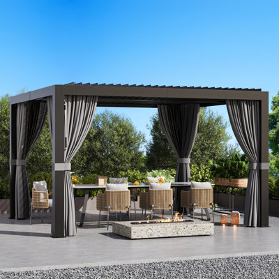 Pergola à persiennes 10 ‘X 12 'Aurora avec double couche réglable, gouttière intégrée, prise de recharge USB, moustiquaire et rideaux