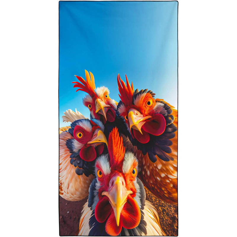 Rooster Beach Towel Oversized 35" x 70", Animals Selfie Funny Chicken Print, Thin Lightweight Sand Free Quick Dry Microfiber Towels for Beach Yoga Camping Travel