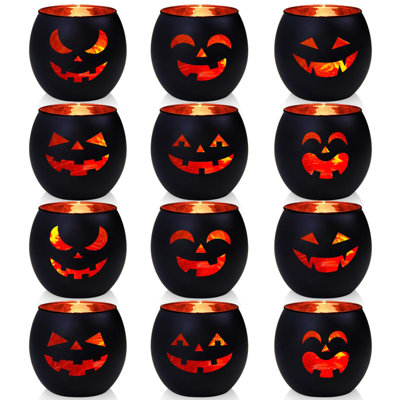 Halloween Table Centerpiece Candle Holder Set of 12 - Premium Glass, Electroplating & Laser Engraving, Tealight/LED Compatible Halloween Decor