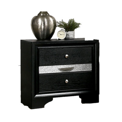 Contemporary 1Pc Nightstand Black Finish Silver Accents Hidden Jewelry Drawer Nickel Round Knob Bedside Table Bedroom Furniture