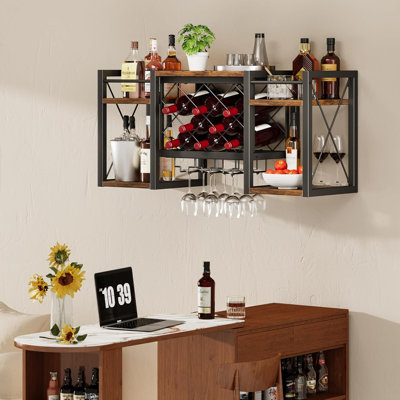 Support à vin mural avec porte-verre, étagère de bar rétro en bois-métal