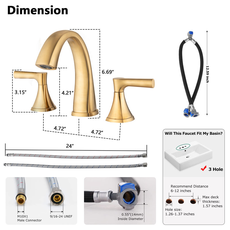 Widespread 2-handle Bathroom Faucet with Drain Assembly, Gold
