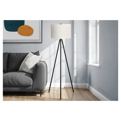 63" Contemporary Black Metal Floor Lamp with Tripod Design & Ivory Linen Shade - Modern Living Room Lighting