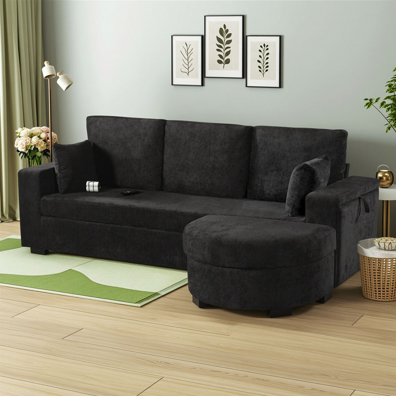 Canapé d'angle trois places en chenille avec pouf de rangement, port de chargement USB et porte-gobelets, Noir