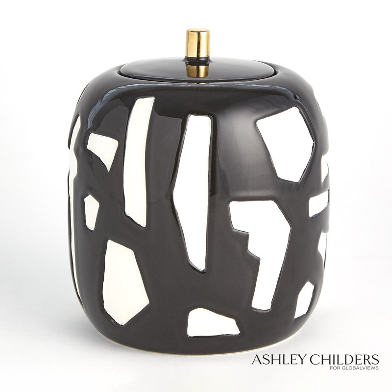 Abstract Jar-White/Black-Lg, 7.25" H x 6.25" W X 6.25" D, Black