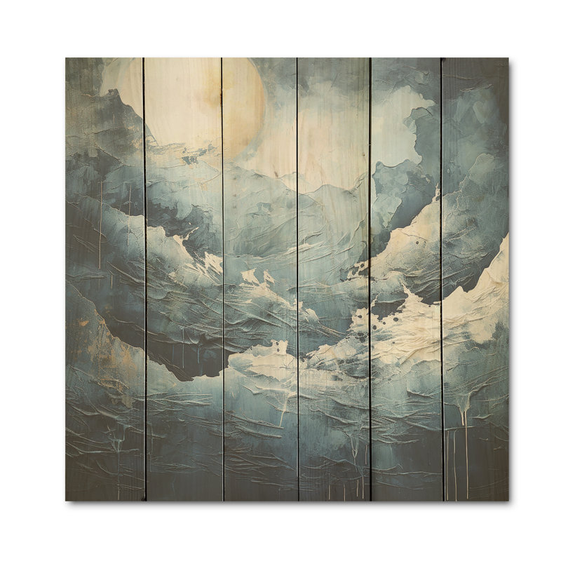 Noir et blanc mystique au clair de lune, rivière de montagne, art rupestre sur bois de pin naturel, H 15 po x l 15 po