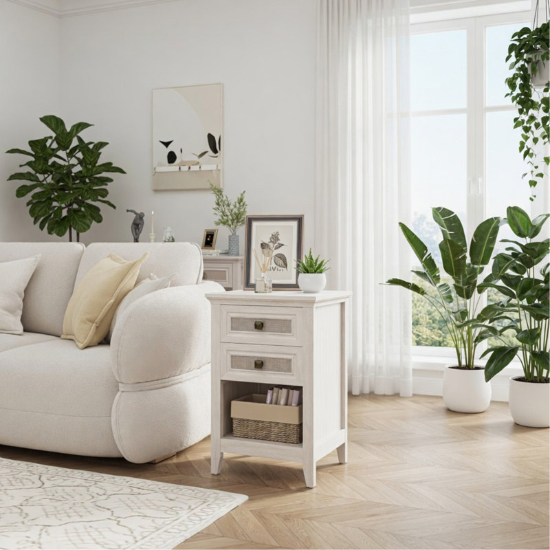 Table de chevet 17,7 po en rotin blanc - table de chevet Boho avec 2 tiroirs et tablette