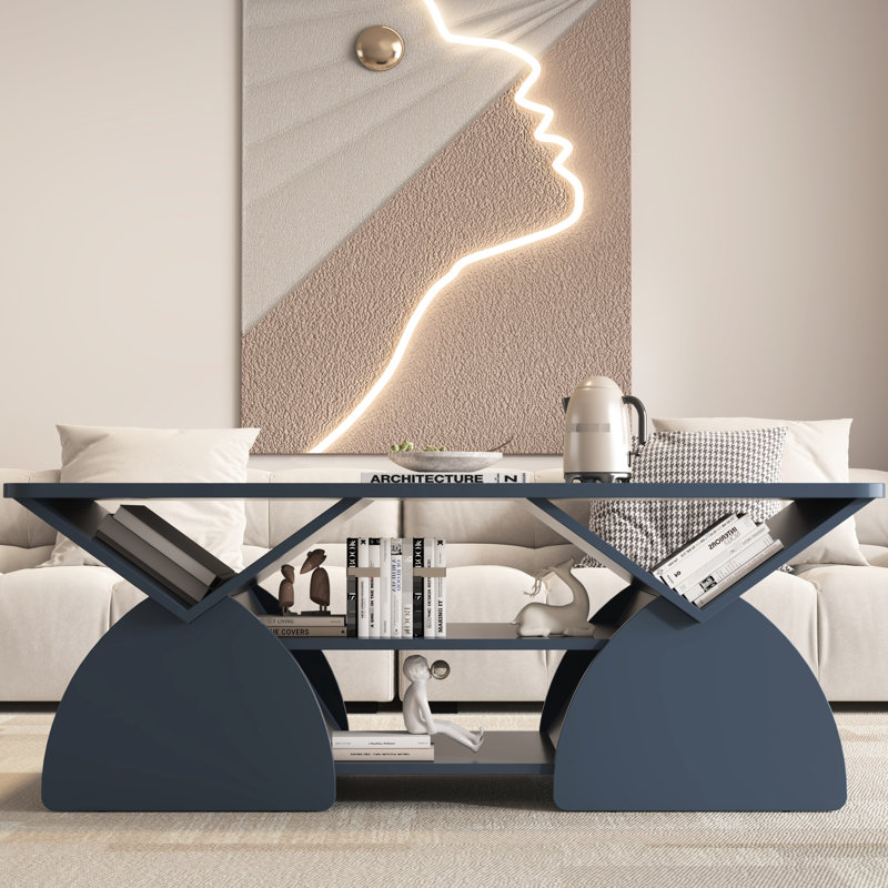 Table basse rectangulaire bleue avec coins arrondis, 6 espaces de rangement, facile à assembler, pour les tablettes ouvertes en bois d'ingénierie, rangement indépendant, bords, salle de réception