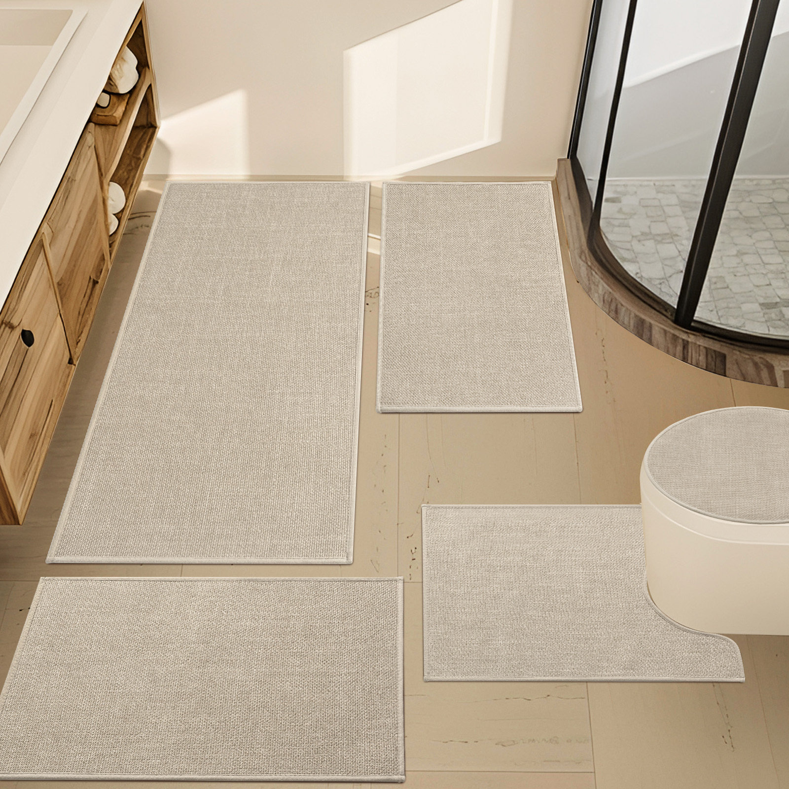 Linen Rectangular Rug Ebern Designs 5 Piece Linen-Look Bath Rug Set with Non-Slip Backing ...