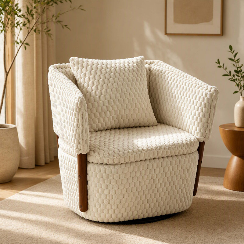 Fauteuil pivotant à 360° de style moderne du milieu du siècle avec rangement, fauteuil de lecture rembourré avec structure en bois massif et coussin lombaire, pour salon, chambre et véranda