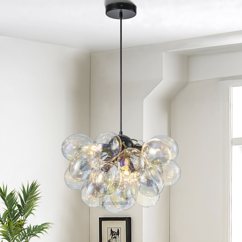 Isley 6 - Light Dimmable Iridescent Glass Globe Bubble Chandelier, Matte Black