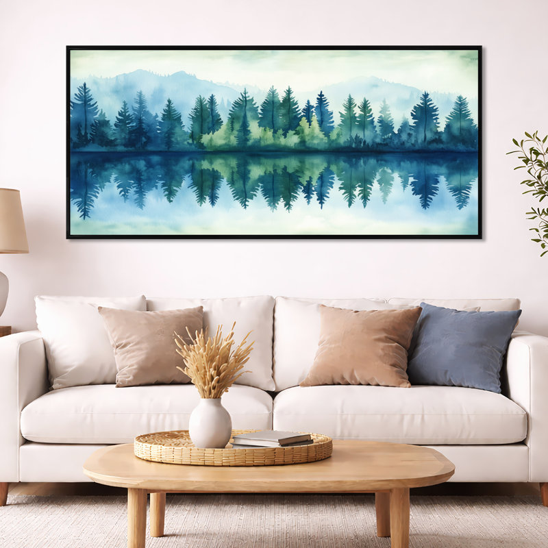 Reflet d'une rivière en forêt verte et bleue - Tableau encadré de montagnes, H 16 po x l 32 po, Cadre photo blanc