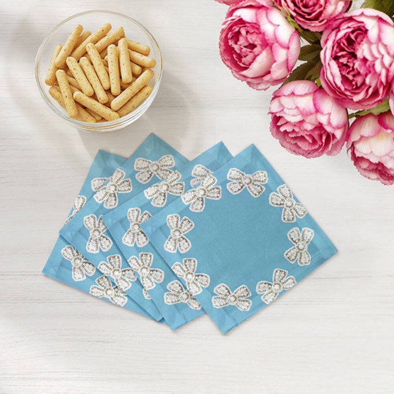 Pearl Bow Cotton Sateen Cocktail Napkins, Bluebell