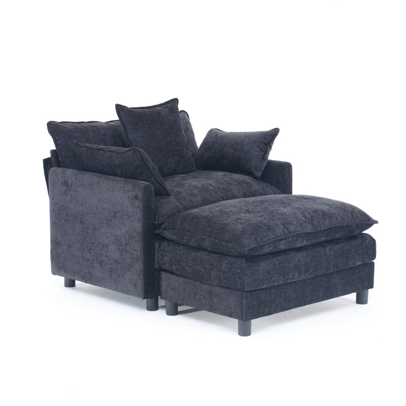 Fauteuil d'appoint rembourré en chenille de 39,4 po avec repose-pieds moderne, fauteuil de lecture pour chambre 39,4 po, Noir
