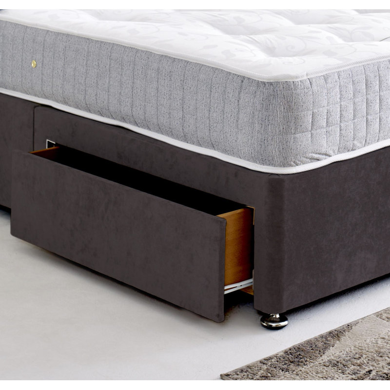 Divan Bed Base with Cube Headboard, Small Double (120 x 190 cm), 2 Drawers Foot End, Grey Charcoal