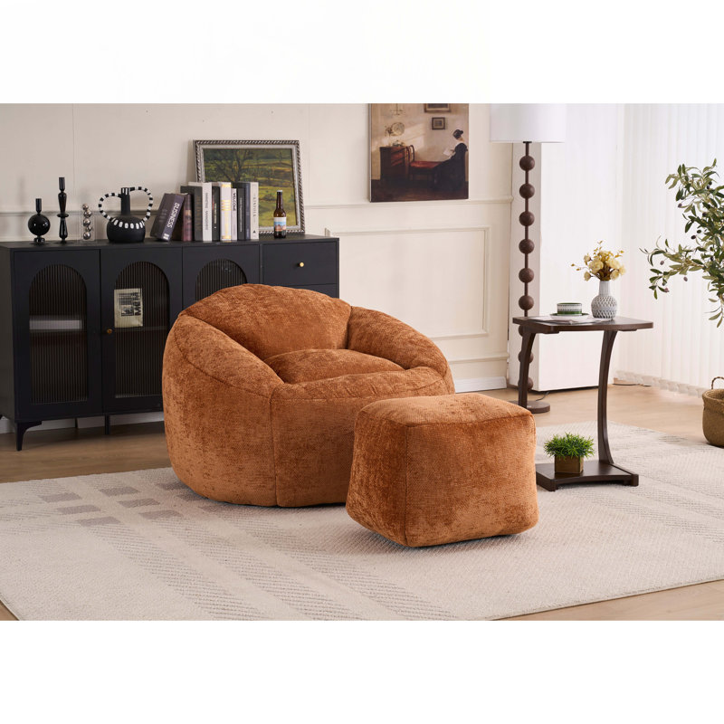 Chenille Bean Bag Chair with Ottoman, Orange Chenille