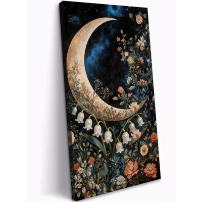 Art mural rétro vintage, croissant de lune et reproduction de peinture botanique, art floral naturel pour murs, impressions sur toile encadrées pour le salon, la chambre à coucher, le couloir, la décoration prête à être suspendue, 12 po x 24 po