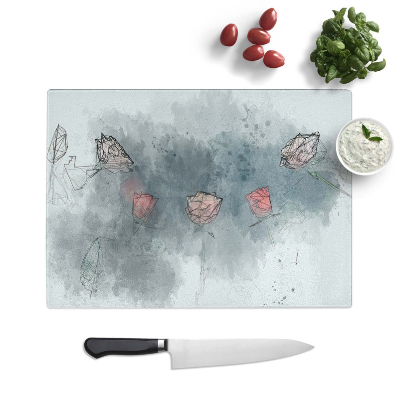 Glass Laying With Pink & Red Roses in Abstract Chopping Board, 39 cm W x 28.5 cm L