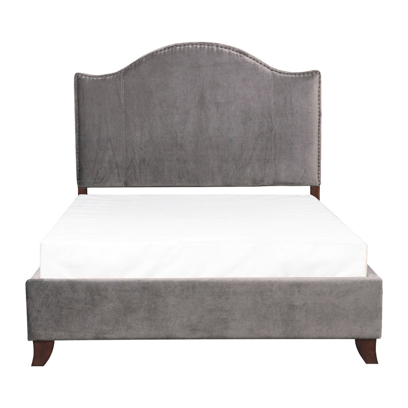 Lit double moderne et traditionnel, revêtement en velours gris, structure en bois massif, tête de lit avec garniture cloutée, sommier tapissier requis pour l'installation et utilisation