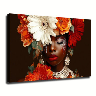 Femme africaine avec coiffe florale vibrante et bijoux en perle, grande impression sur toile tendue avec châssis pour le salon, la chambre à coucher