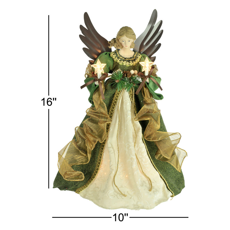 Green and Beige Lighted Angel Tree Topper with Metal Wings