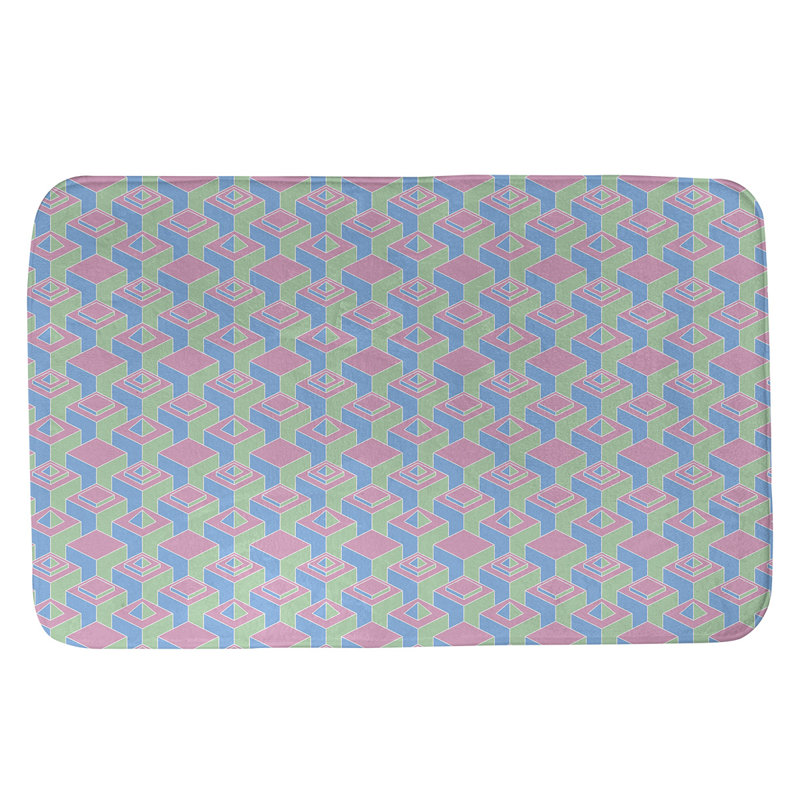 Tapis de bain géométrique antidérapant à motif de gratte-ciels, l 17 po x L 24 po, Bleu / Vert / Rose
