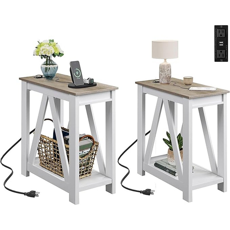 Ensemble de 2 tables de bout fermières avec station de charge, tables d'appoint minces avec tablettes de rangement ouvertes pour le salon, la chambre à coucher et les petits espaces, Greige