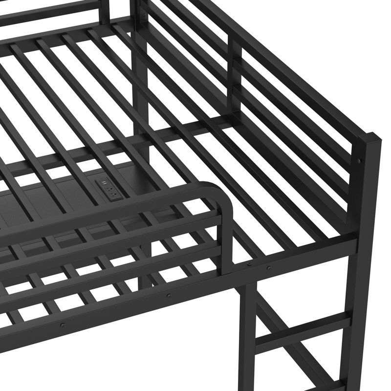 Black Queen Loft Bed Made Of Metal With Power Outlet And Diy Smart , Creating Separate Spaces For Work Play, Desk Charging Four - Side Protection Space Saving Led Comes Study Or Gaming, Protective