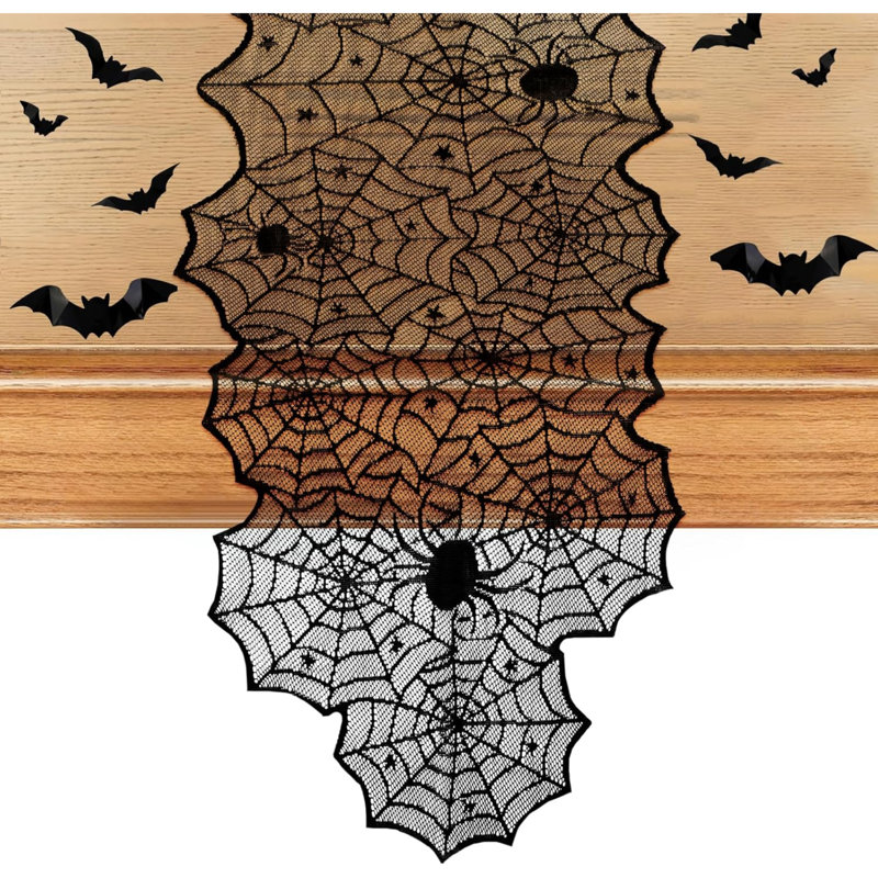 Halloween Table Runner with 16 Pack 3D Bats,Black Lace Spider Web Table Runner Creepy Scary Runner for Halloween Party Holiday Kitchen Dining Dinner Table Party Decoration Indoor Outdoor 18x72In