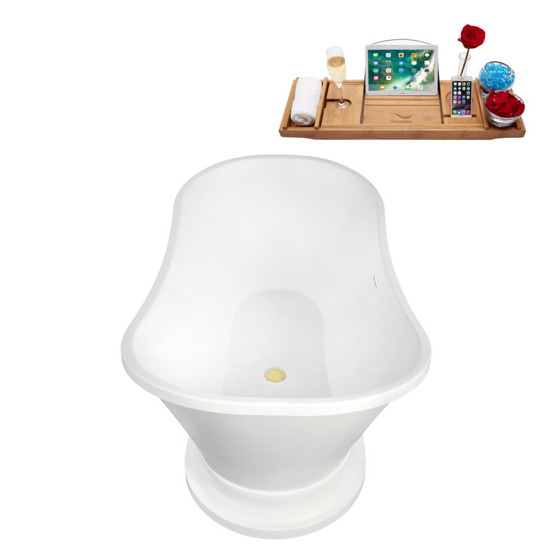 60" Streamline Soaking Acrylic Freestanding Bathtub, Bamboo Tray, Drain, Polished Brass