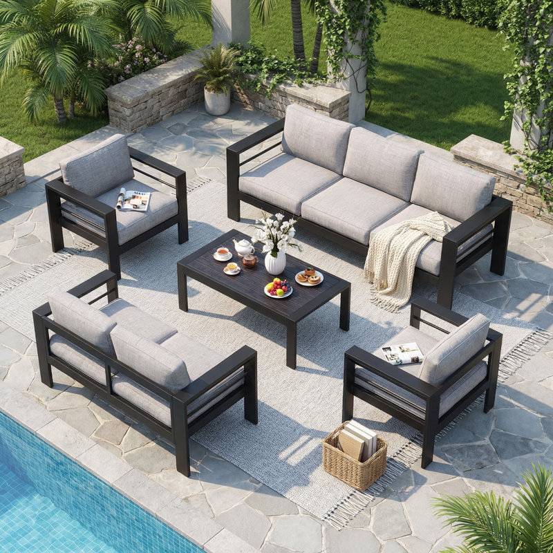 7 - Person Patio Conversation Sets With Cushions, Light Gray Cushion/Black Frame