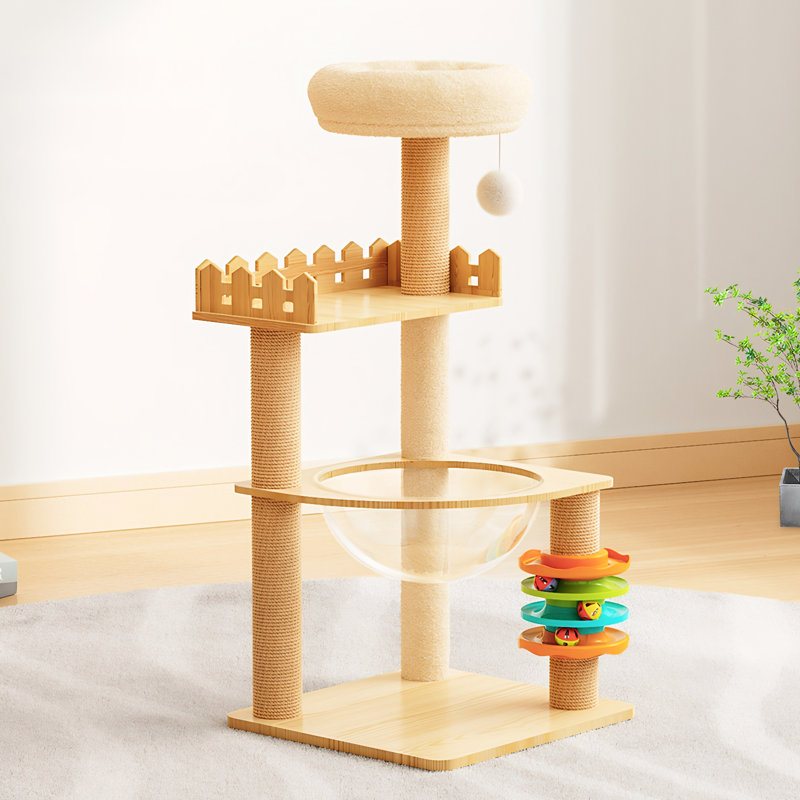 Tour à chat en bois pour chats d'intérieur de 39,3 po avec poteaux à griffes couverts, surface de repos spacieuse, acrylique et interactif | Maison esthétique moderne convenant à différentes tailles de teinte naturelle + blanc