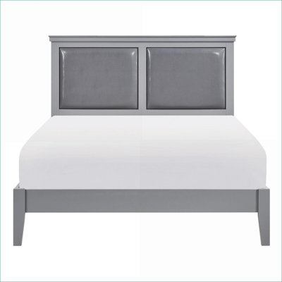 Queen Size Wood Panel Bed Classic Gray Faux Leather Upholstered Headboard Bedroom Furniture For Master Guest Room