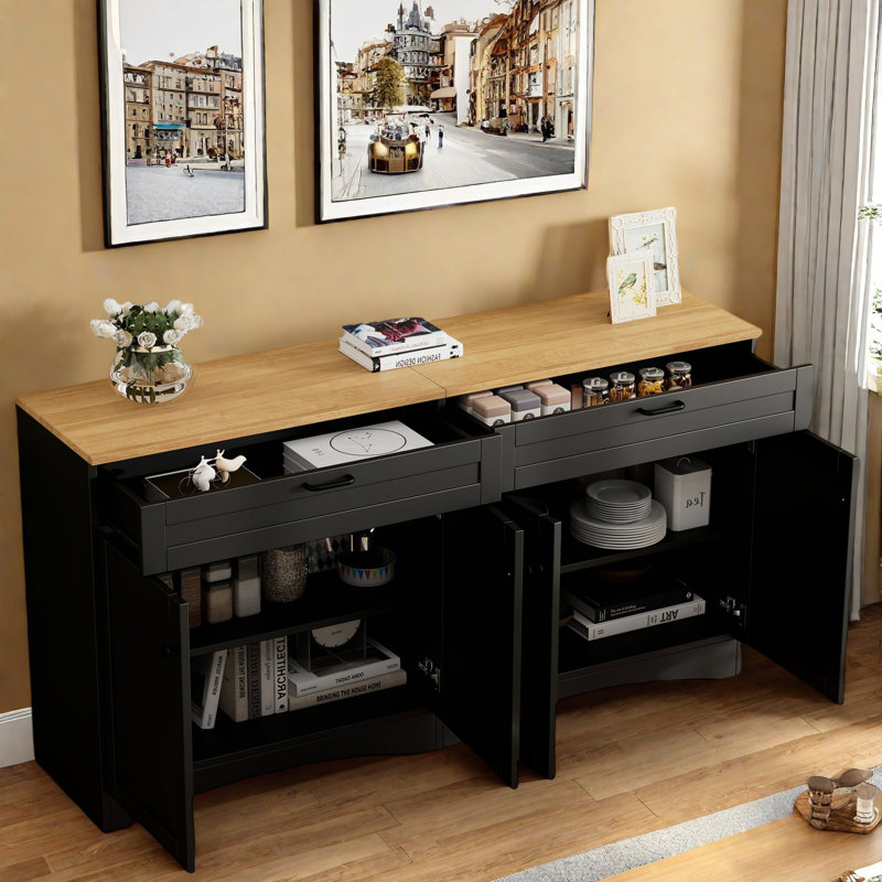 Farmhouse Sideboard With Adjustable Shelves And Rustic Handles, Black