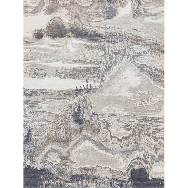 Tapis beige et gris foncé de haute qualité noué à la main, Rectangle 6 pi x 9 pi