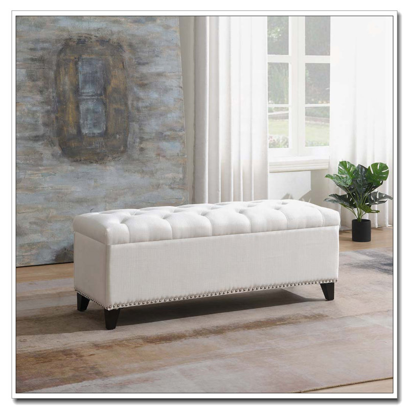 Banc de rangement en lin capitonné, Beige