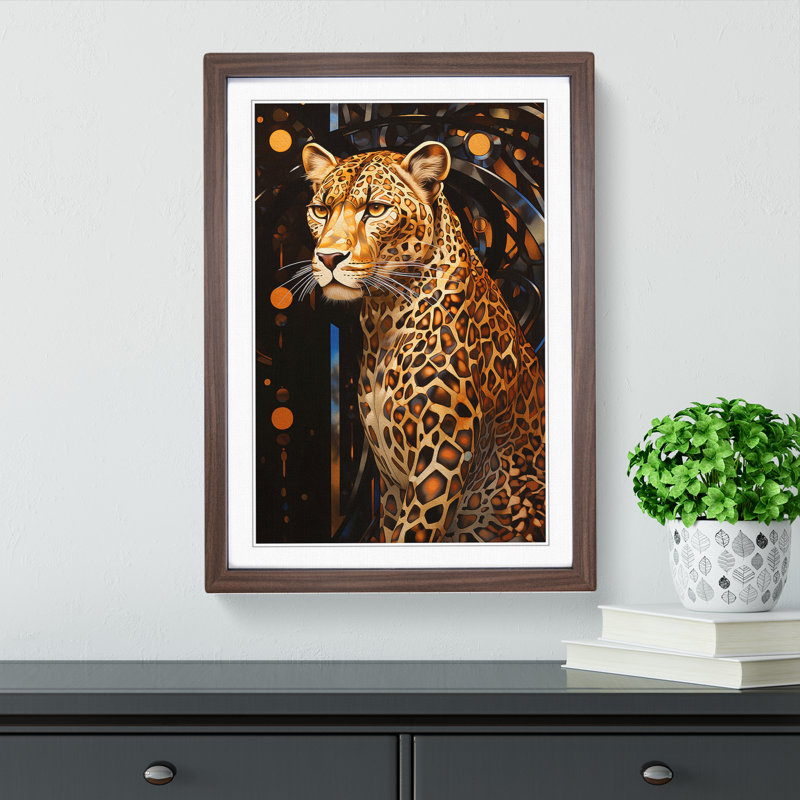 Leopard Art Deco - Single Picture Frame Print on Wood, 46cm H x 34cm W x 2cm D, Walnut Framed