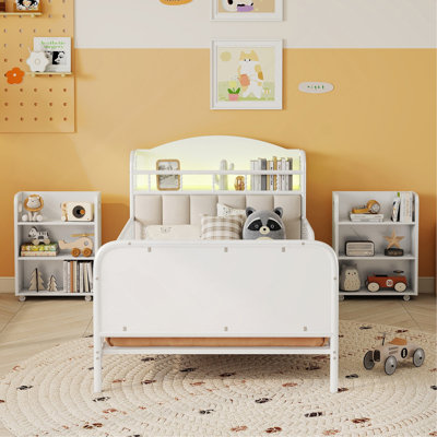 Structure de lit plateforme simple en métal avec lumière, lit simple en métal pour enfants avec tablettes de rangement rembourrées et escamotables