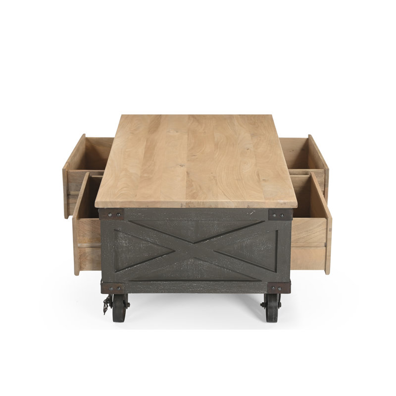 Taylors Industrial Coffee Table with 4 Drawers 120cm Solid Mango Wood on Wheels
