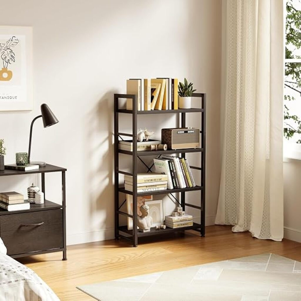 Industrial Bookshelf, 4-Tier Shelving Unit Wood Bookcase with Open Shelves, Standing Bookshelves