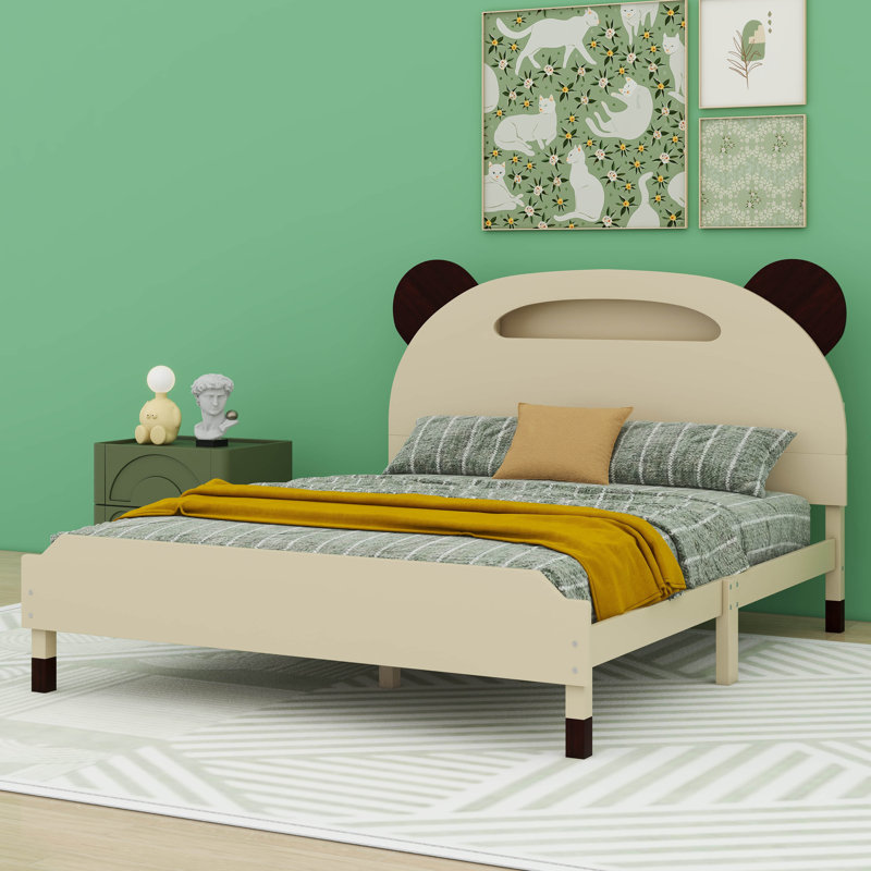Lit plateforme en bois Caravelle avec tête de lit en forme d'ours, Crème / noyer, Double